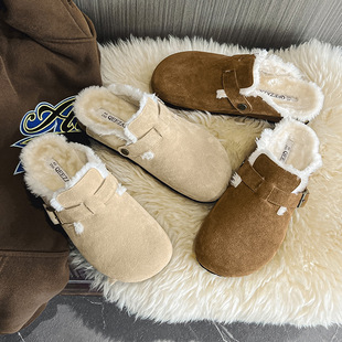 Autumn and Winter Boken shoes new thickened warm retro home outdoor woolen slippers fleece-lined closed toe cowhide half slippers