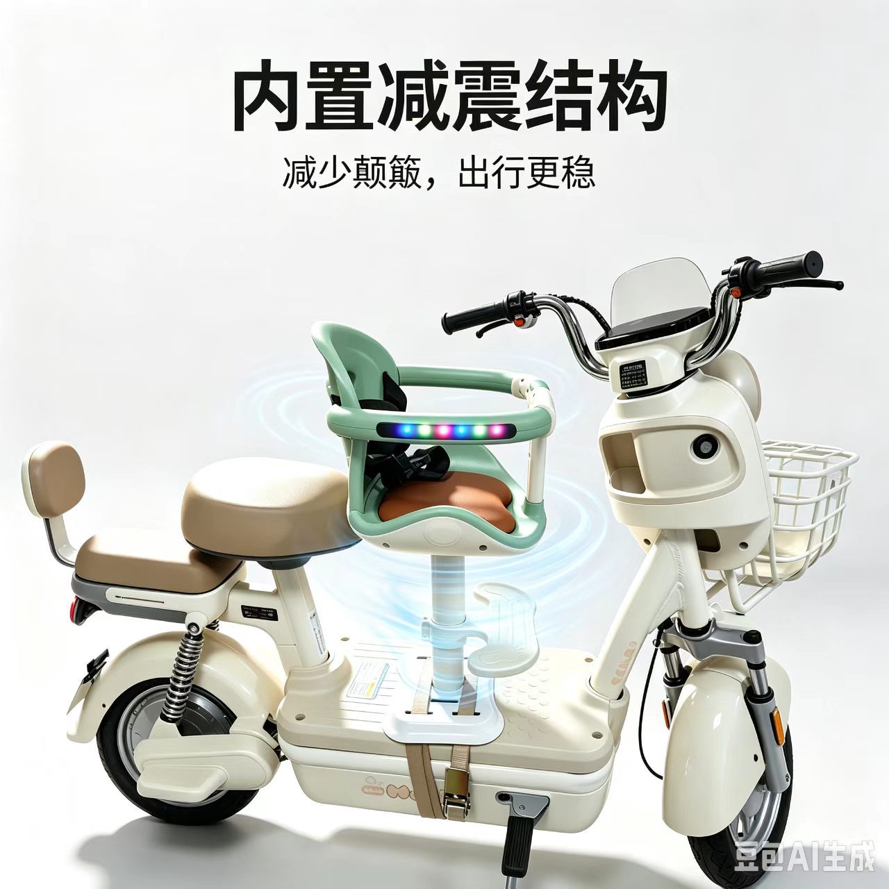 Front-mounted shock-absorbing child seat for electric vehicles, universal safety seat for electric motorcycles, electric tricycles, and battery-powered vehicles