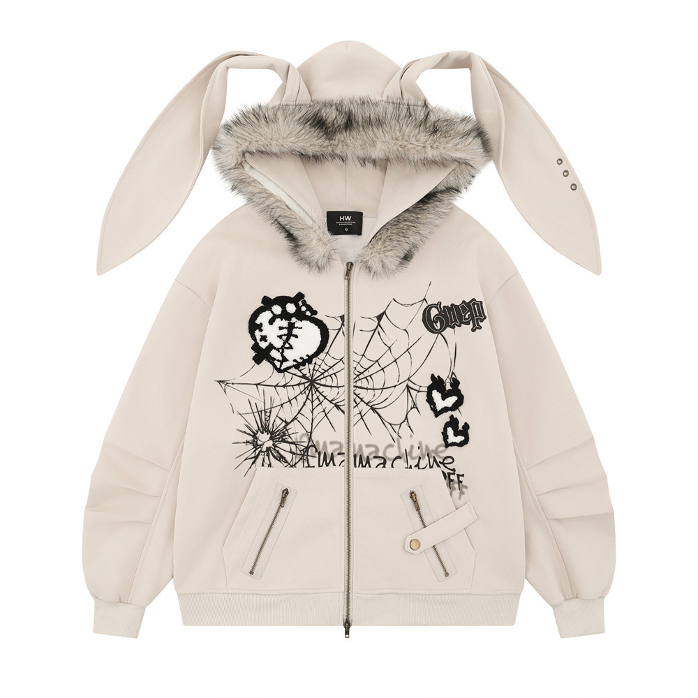 Dark Style High Street Spider Web Cartoon Kapuzenjacke mit langen Ohren für Herren mit abnehmbarem Pelzkragen und Zwei-Wege-Reißverschluss_voghion.com