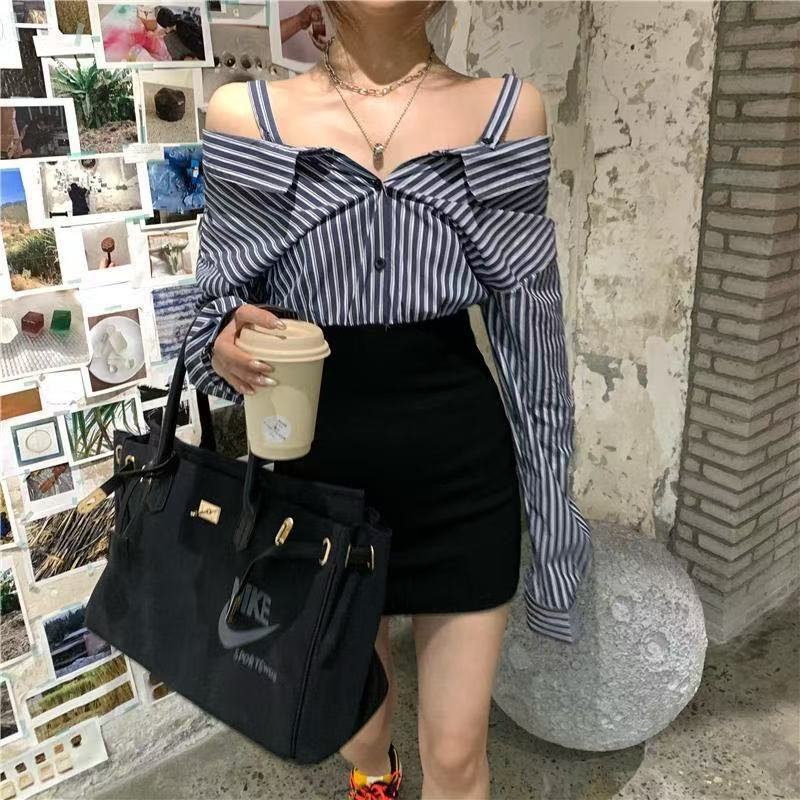 假两件拼接一字肩吊带长袖连衣裙女2025秋季新款短裙条纹衬衫裙子|undefined