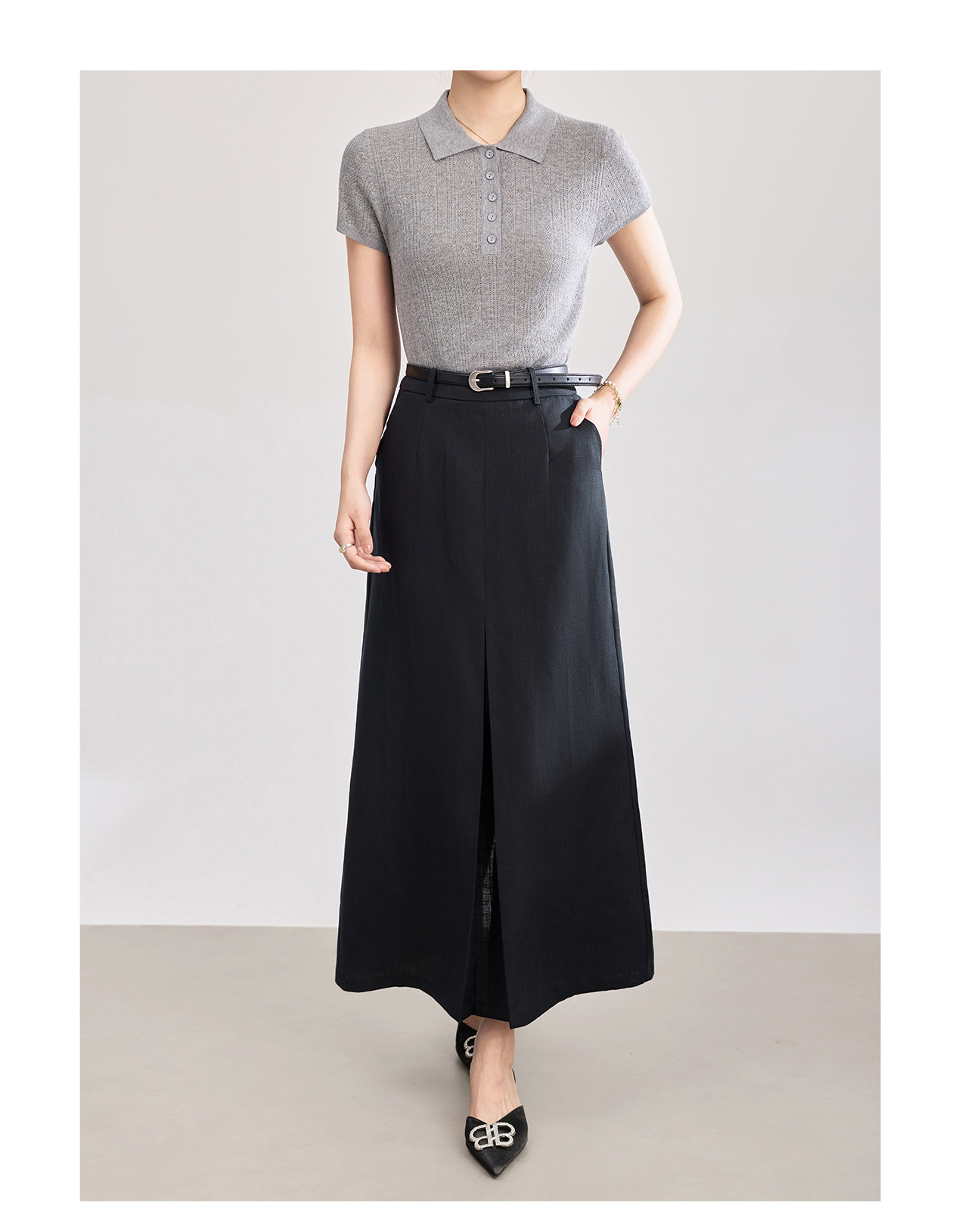 Chân váy xếp ly nữ cạp trung thấp, chất liệu tencel linen phối sọc răng cưa, xẻ tà — Xanh lông mòng đen chi tiết 16