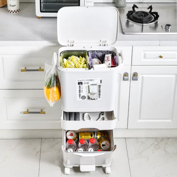 Household creative kitchen trash can kitchen waste wet and dry classification three-layer movable pressing trash can high-looking