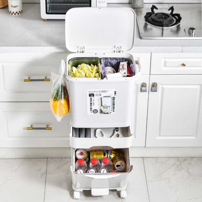 Household creative kitchen trash can kitchen waste wet and dry classification three-layer movable pressing trash can high-looking