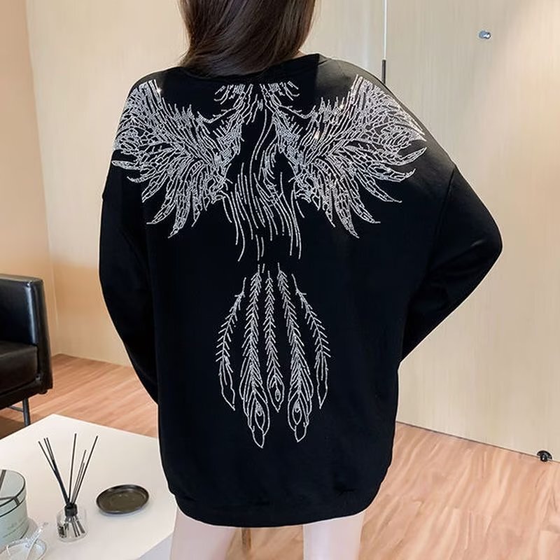 2023 new early autumn new fashion brand heavy industry rhinestone wings round neck sweater women's loose top 2023 new early autumn new fashion brand heavy industry rhinestone wings round neck sweater women's loose top