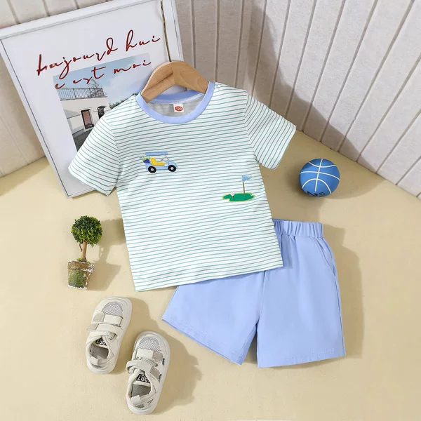 Cross-border Children's Short-sleeved suit Summer Boys Sports Casual Striped T-sleeved Shorts Two-piece Boys' Clothes