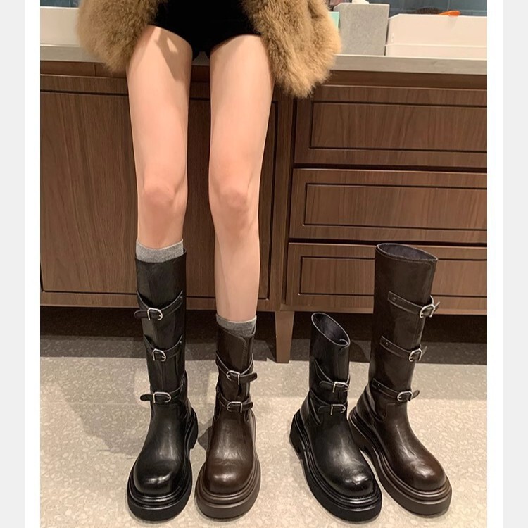 [Two Versions] Grape Mom's Fashionable Belt Buckle Round Head Thick Bottom Boots All-match Short Boots Knight Boots
