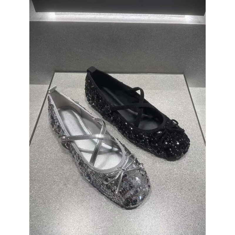 Sheepskin Inner Sole with 5cm Height Increase, Genuine Leather Silver Sequin Ballet Flat Mary Jane Shoes for Women with Cross Straps and Bow