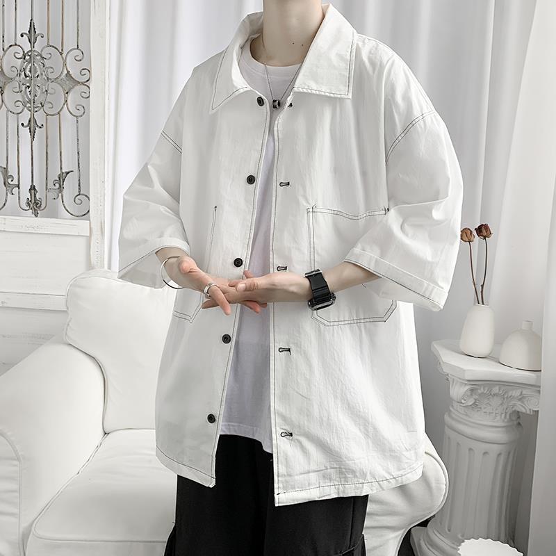 Ropa de trabajo simple camisa de manga corta verano de los hombres de moda ins estilo Hong Kong estilo japonés camisa suelta 3/4 camisa de manga delgada capa