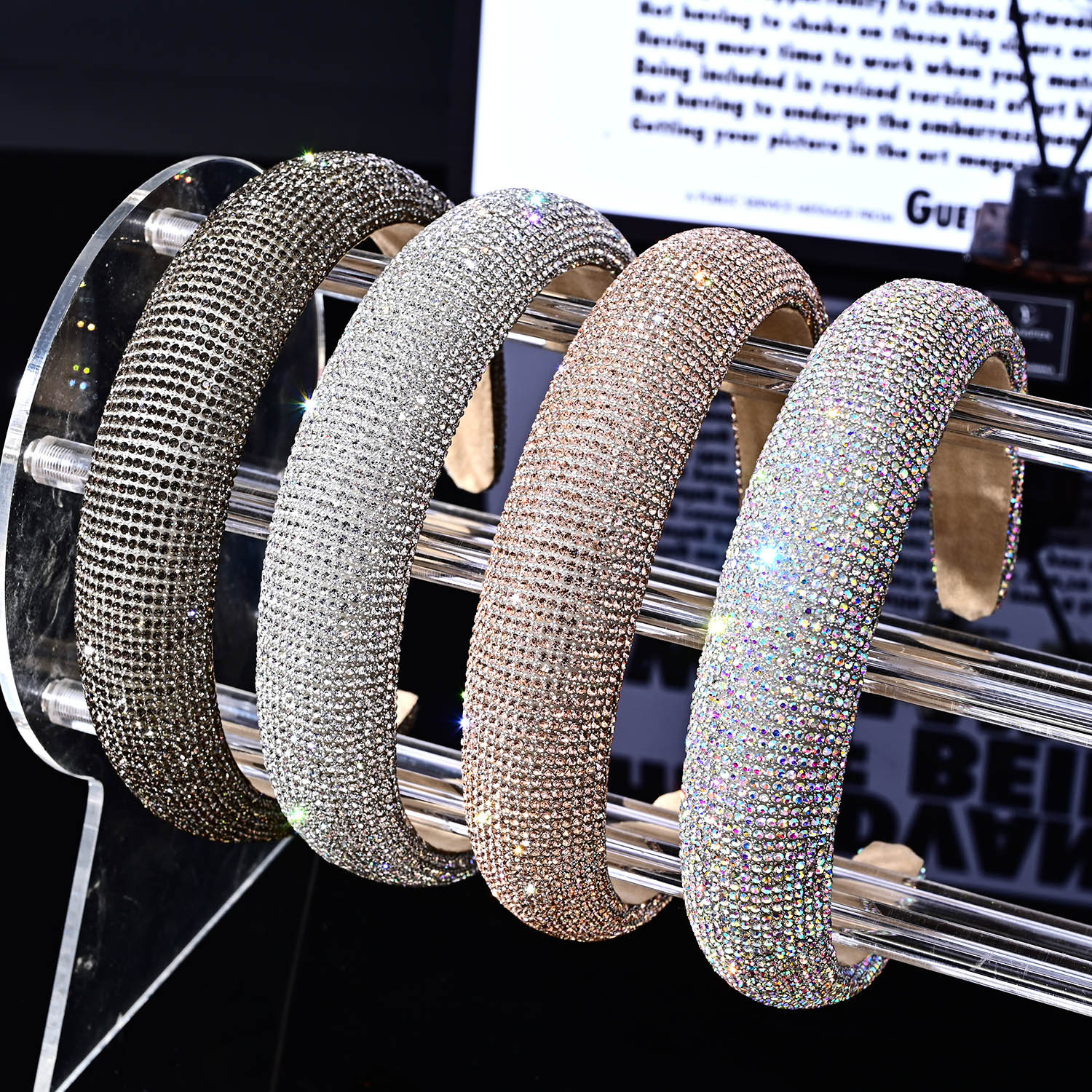 亞馬遜跨境超閃水鑽高顱頂發箍輕奢壓發洗臉高檔鑲鑽寬邊頭箍髮飾