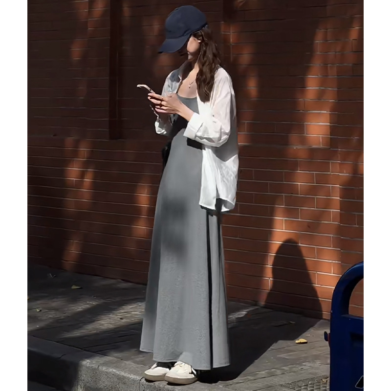 Gray Spaghetti Strap Dress Summer Long Dress for Women 2026 New Style Slim Fit Petite High-End Waist-Cinching Dress