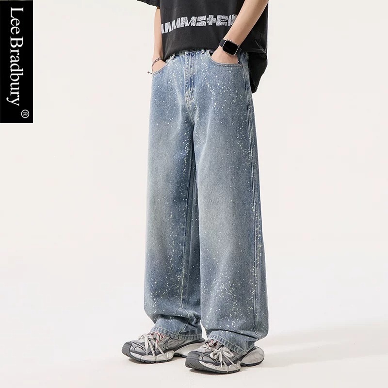 Lee Bradbury Paris American-style trendy brand full-diamond jeans for men and women, loose straight wide-leg hot-stamped long pants Lee Bradbury Paris American-style trendy brand full-diamond jeans for men and women, loose straight wide-leg hot-stamped long pants