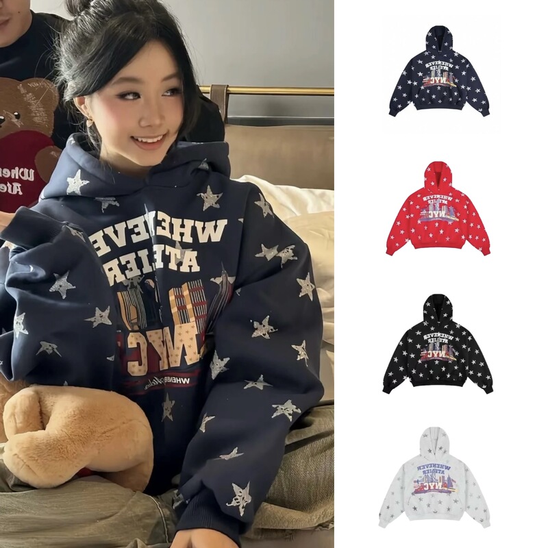 25Aw/Yb Open/Ins Popular Vietnamese Niche Designer 360g Ultra-Thick Velvet Star Print Hooded Sweatshirt