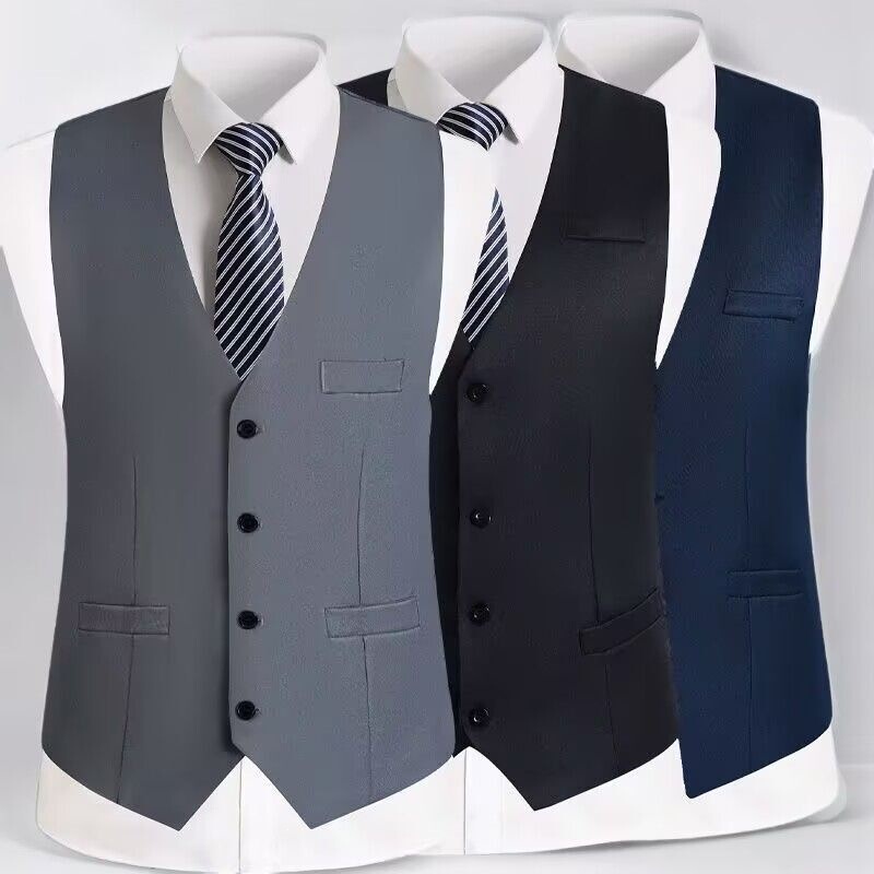 Nuanfenglai Spring and Autumn Men's Suit Vest Korean Style Slim Fit British V-Neck Vest for Groomsmen Professional Hotel Business