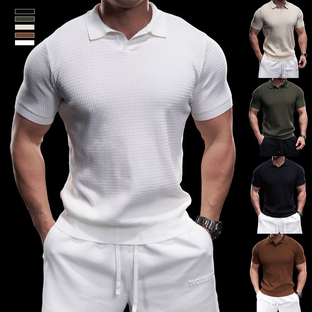 Polo camiseta de punto camiseta de manga corta camiseta hombre gaviota cuello V textural viejo dinero viento hielo seda fábrica transfronteriza al por mayor