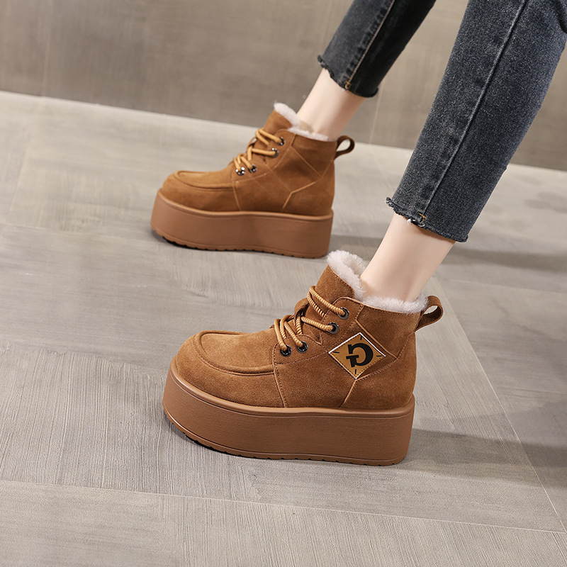 Giày boot nữ cổ cao đế dày tăng chiều cao, lót nhung ấm mùa đông — Màu cà phê