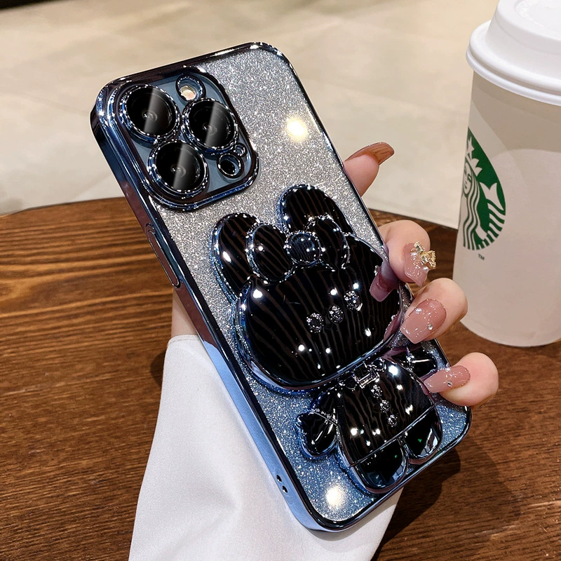 Чехол для телефона (Apple) iPhone 16/15 серии — силиконовый с зеркалом в виде кролика, градиентный цвет и встроенная подставка