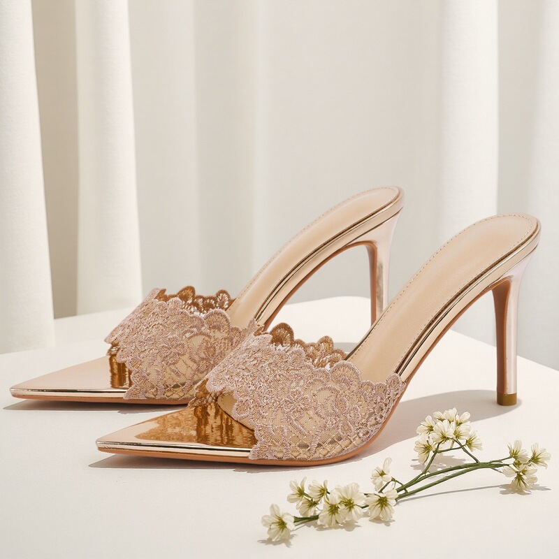 Wo Huizhou City 2026 Summer High-Heeled Light Luxury Lace Pointed Toe Stiletto Slippers European and American Style Fashionable and Elegant