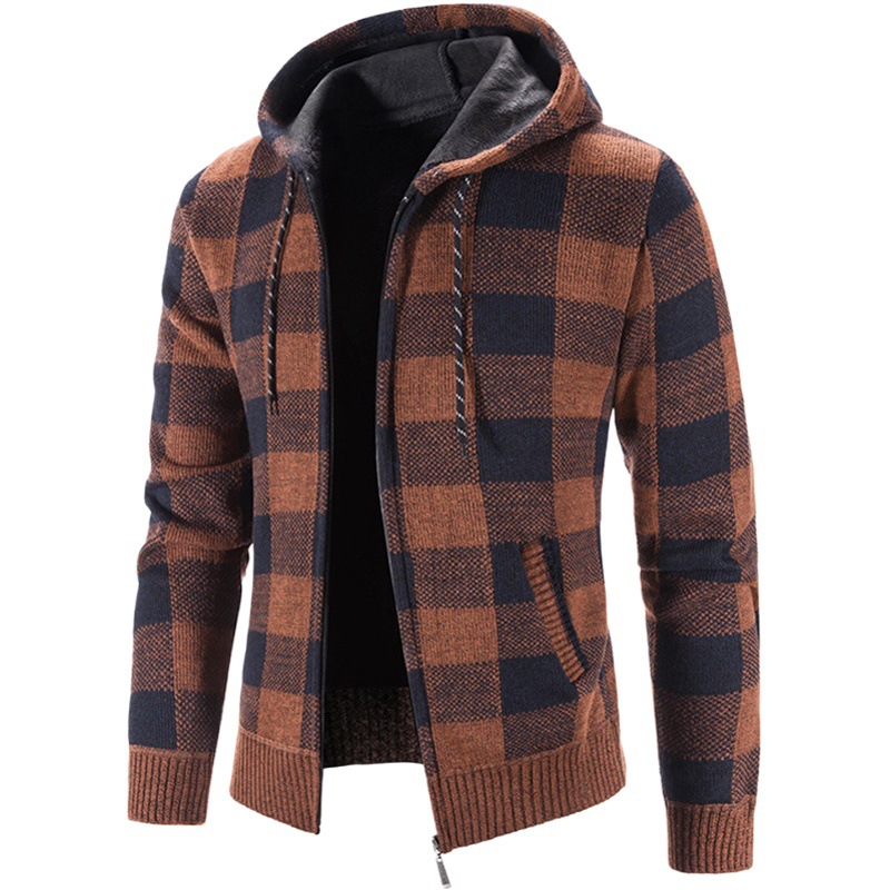 Nuevo cárdigan de hombre para otoño e invierno, suéter tejido grueso con capucha y cremallera, chaqueta a cuadros para hombre.