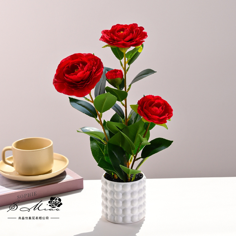 Plantas en maceta de camelia de cuatro cabezas transfronterizas, flores de simulación creativa, decoración de estudio fotográfico para el hogar, plantas verdes artificiales, simulación, macetas, falso image 5
