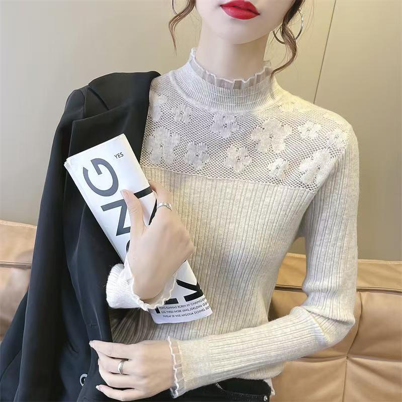 春秋打底衫女2025新款洋蕾丝毛衣针织衫洋气百搭长袖套头上衣纯色|undefined