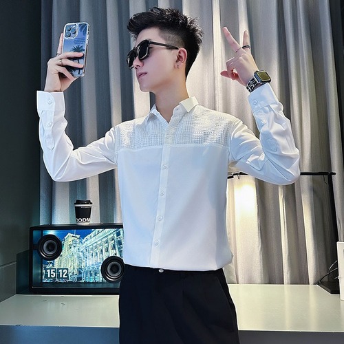 Men's Long-Sleeve High-End Autumn/Winter Collar Shirt, Trendy Bad Boy Hairstylist Top, Casual Upper Shirt