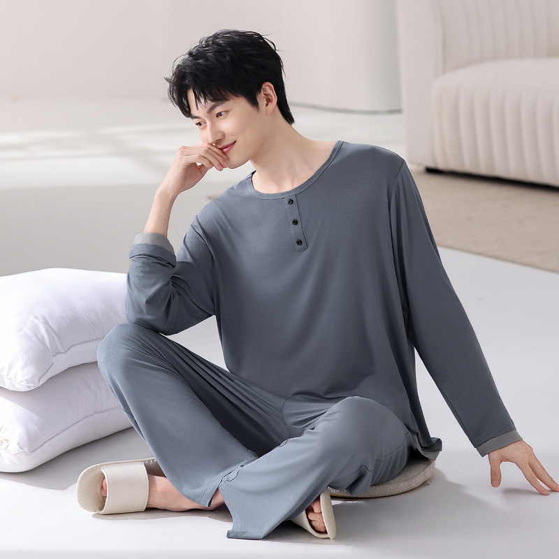 Spring New Modal Cool-Feel Men's Pajamas, Long-Sleeved, Comfortable, Round-Neck, Simple Casual Loungewear, Plus-Size Set