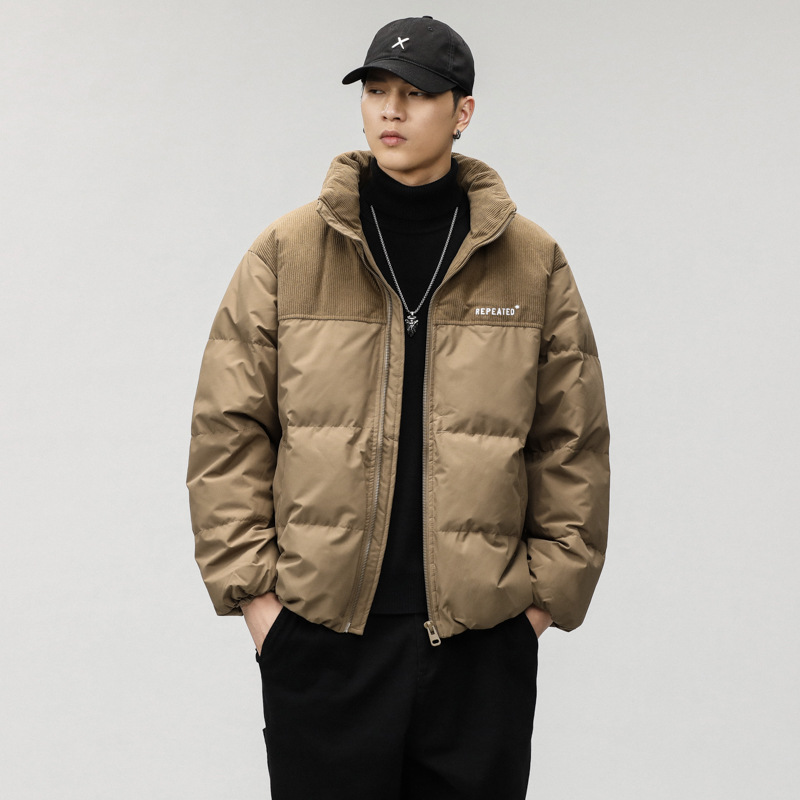 Piumino da uomo in autunno e inverno, giacca da pane con collo alto caldo e spesso, velluto a coste con cuciture di marca alla moda_voghion.com