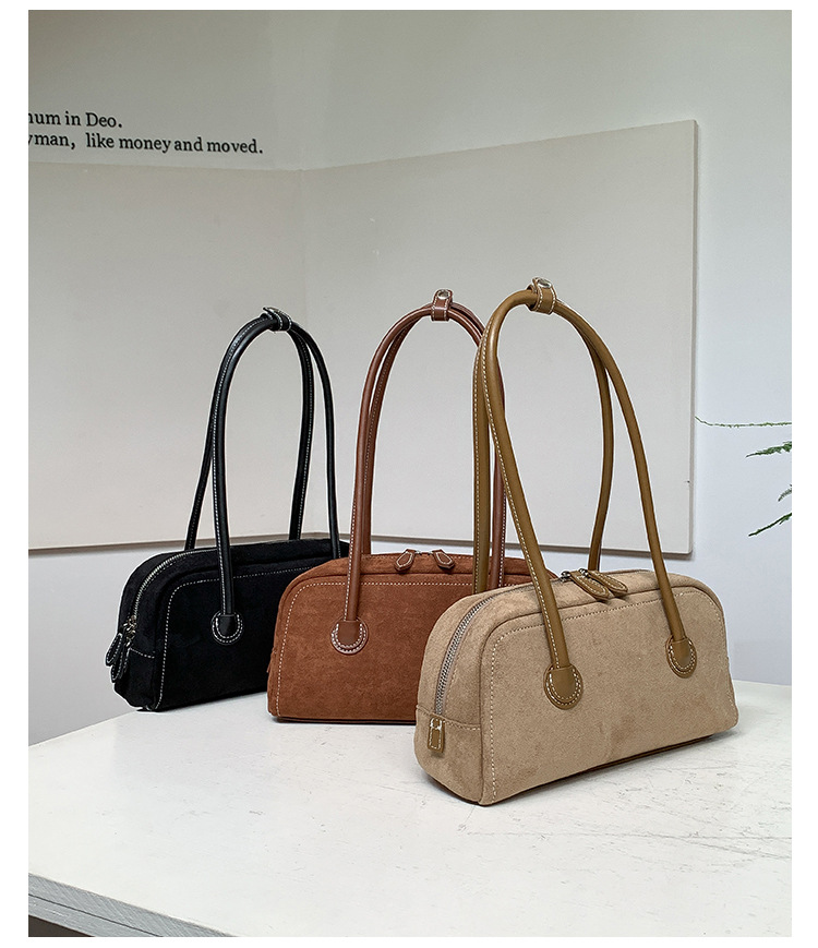 Autumn suede stick with simple leather splicing design, underarm bag, women's plush fashionable versatile shoulder bag_voghion.com