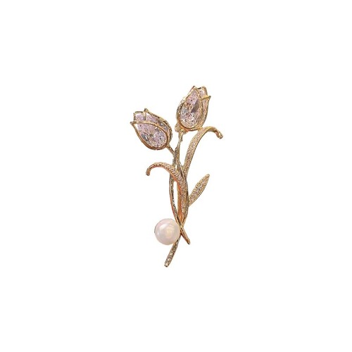 High-end water drop zircon tulip brooch, luxury temperament suit pin, niche high-end leaf pearl corsage
