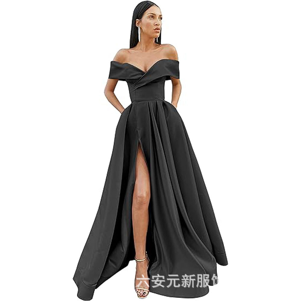 Amazon Comercio exterior fuera del hombro prom vestido de noche largo split sexy Fiesta de las mujeres vestido de banquete