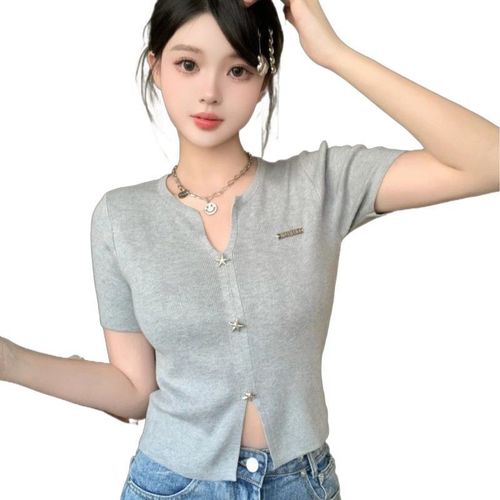 French Short-Sleeve Top with High-End Grey V-Neck Ice Silk Knit Dress Shirt for Women - Summer Fitted Slimming T-Shirt