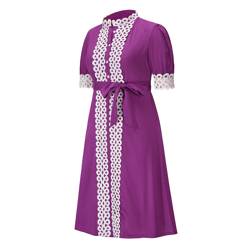 slim high waist short-sleeved lace-up color matching dress NSHYG118149