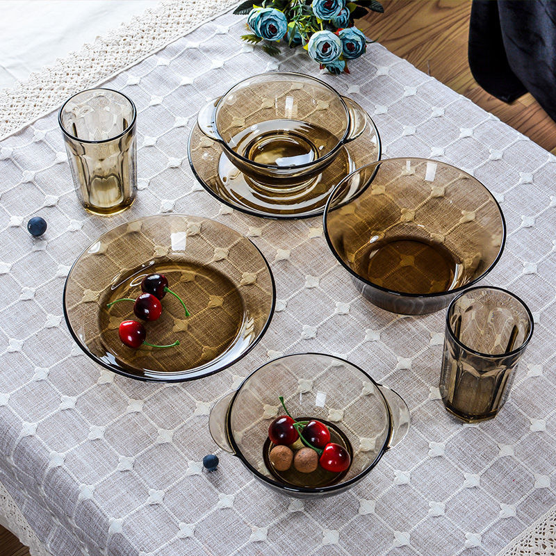 Tea-colored glass double-ear bowl and plate set household European-style thick plate fruit salad rice cereal independent station