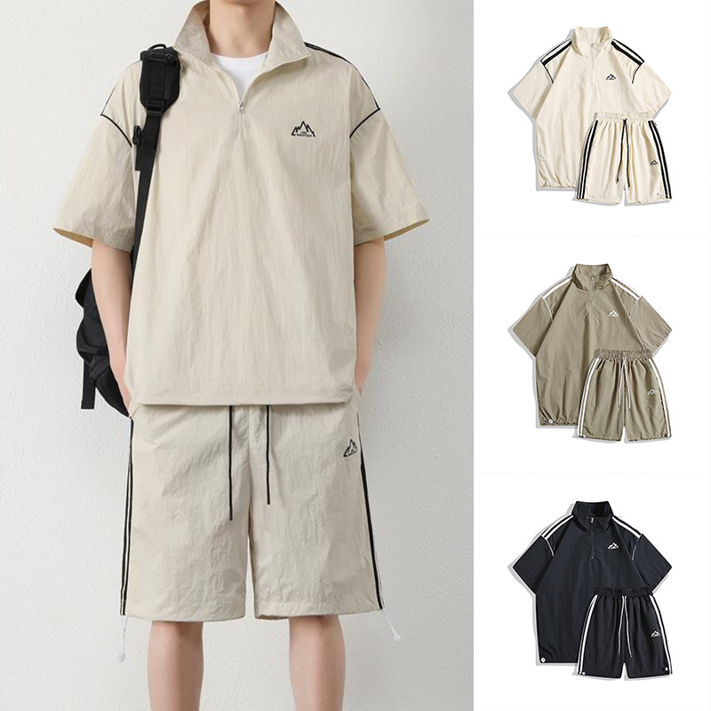 Traje de media cremallera pantalones cortos de manga corta ropa de protección solar de seda de hielo delgada de verano para hombres