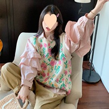 两件套装仙荷叶边设计感衬衫+提花无袖针织毛衣马甲背心女学生