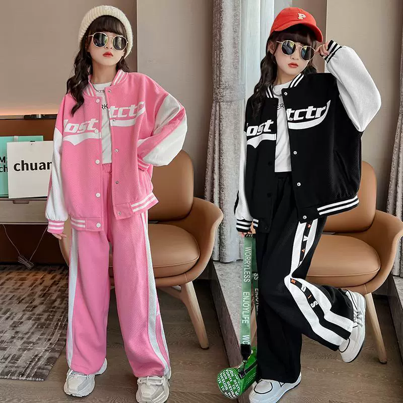 新款可代发女童字母棒球服套装2025春秋新款韩版中大童洋气外套阔