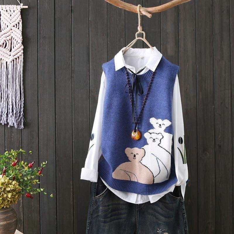 Chaleco de las mujeres de punto cuello redondo chaleco Chaleco Corto oso suéter chaleco Otoño e Invierno superior suéter de las mujeres ropa de mujer suelta image 7
