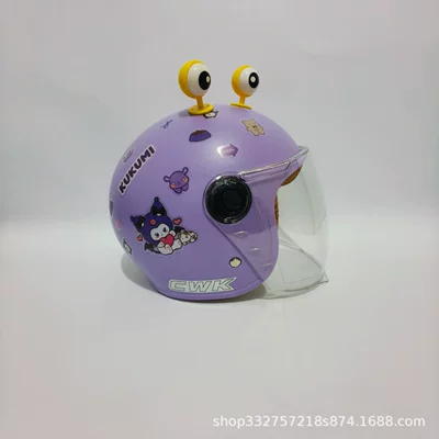 Motosiklet kaskı (dəbilqə) — Standard 3C Certified Electric Motorcycle Safety Helmet - purple-kurometransparent-long-mirroryellow-eyes-3c-children-1-6-years-old-wl07