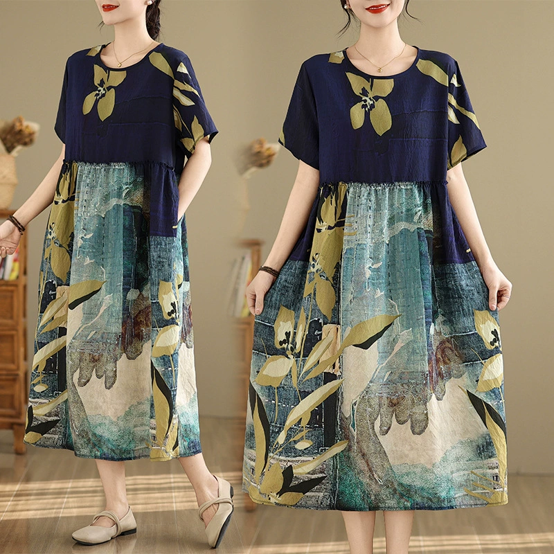2025 толстый размер MM национальный стиль принт хлопчатобумажное платье с короткими рукавами, художественное ретро длинное платье женщины 91882 #