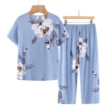 妈妈装夏季休闲冰丝套装宽松大码奶奶短袖上衣宽松中老年人两件套