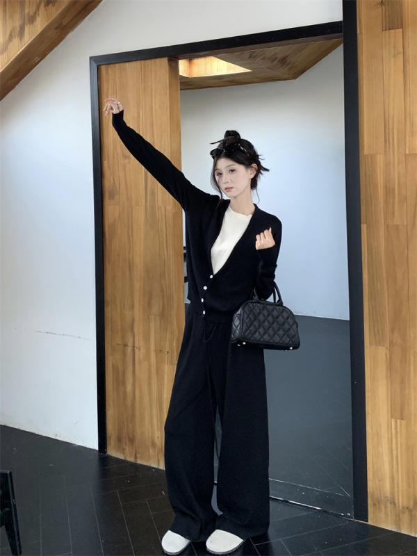 实拍~假两件针织衫女慵懒风开衫毛衣宽松上衣抽绳休闲裤套装88411|undefined