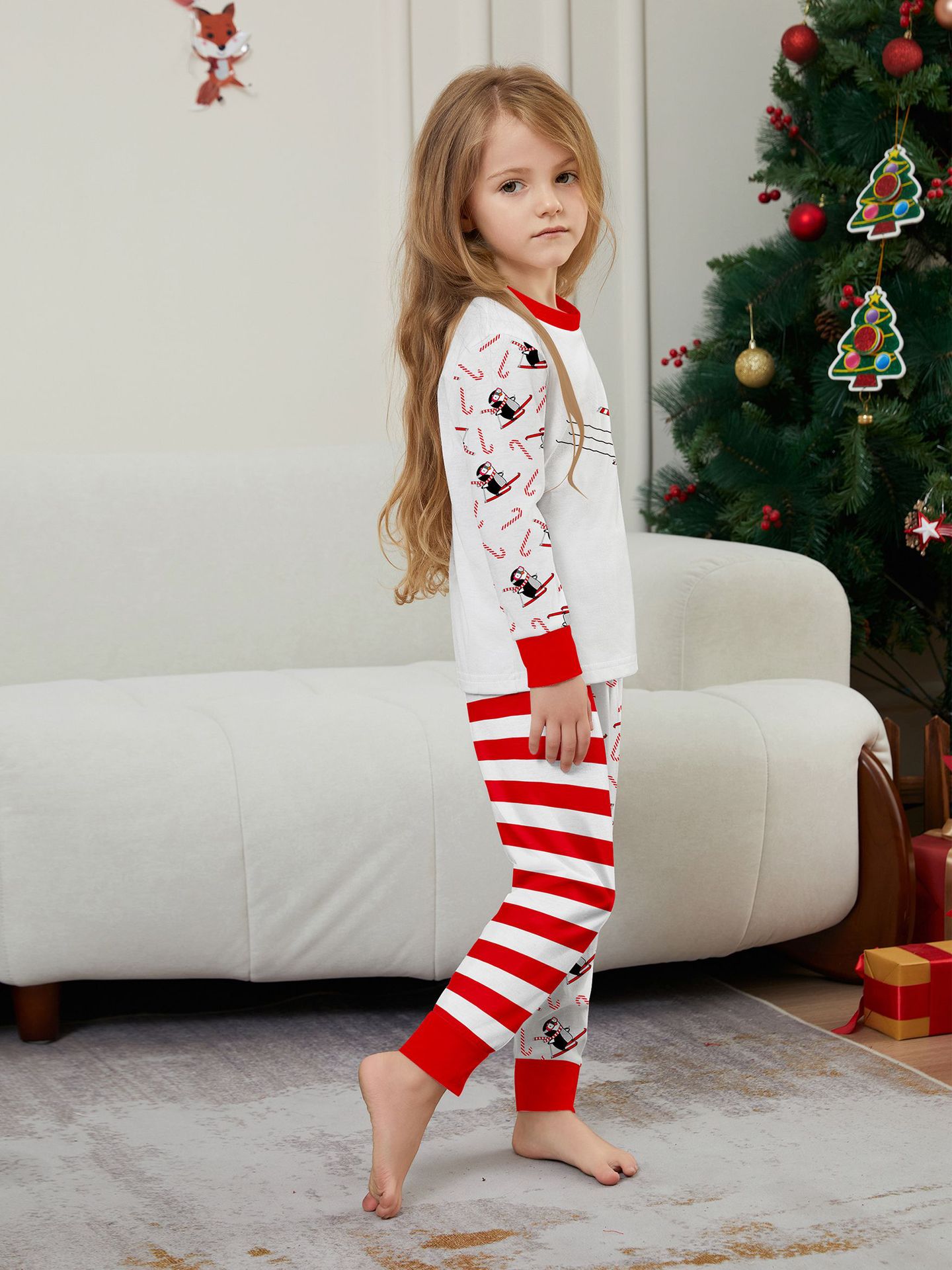 Kerst Pinguïn Candy Cane gestreepte Kerst Familie pak bedrukte homewear pyjama_voghion.com