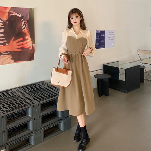 Spring clothes 2026 new style temperament slimming stitching fake two-piece POLO collar bubble sleeve shirt dress A-line skirt for women