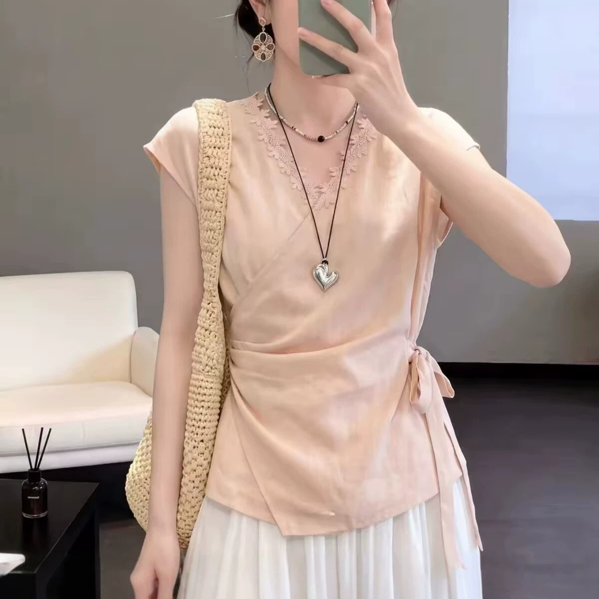 Áo thun nữ tay ngắn phối ren thắt eo phong cách nhẹ nhàng — màu hồng chi tiết 4