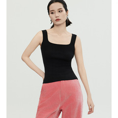 New Spring 2024 Square Collar Solid Color Wool Knit Fitted Tank Top for Summer, Can Be Worn Open, Versatile Women's Tank Top