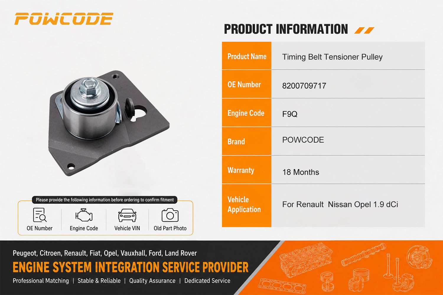 8200709717 is suitable for the timing tensioner pulley 7700111822 of the Renault F9Q 1.9dCi engine