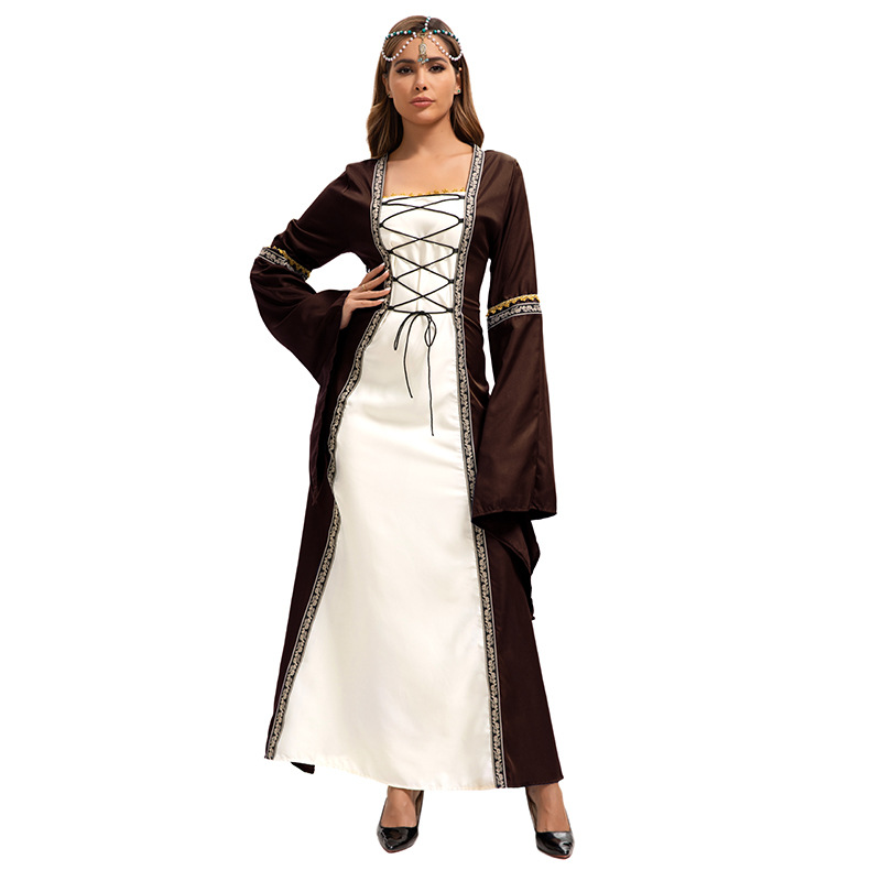 2025 European And American Style Square Neck Flared Sleeve Long Dress Gothic Retro Women's Clothing Medieval Court Gown_voghion.com
