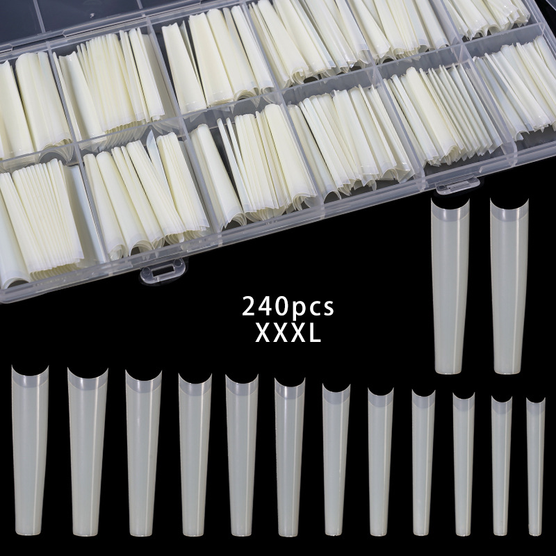 Uñas francesas europeas y americanas uñas largas de mezclilla uñas falsas 240 piezas en caja transparente pegatinas completas desgaste extendido uñas práctica