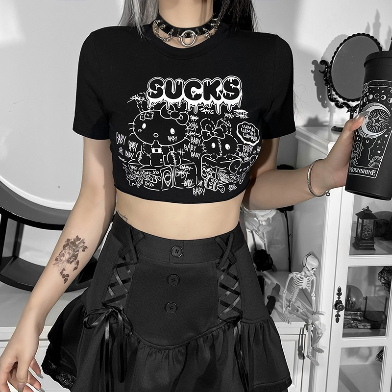 printing Gothic style short sleeve round neck cropped T-shirt NSGYB116448