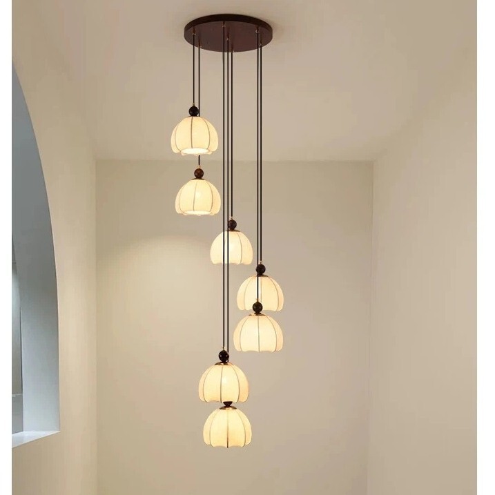 French Staircase Chandelier French Medieval Retro Walnut Color Fabric Lampshade Warm Bedroom Dining Room Lamp